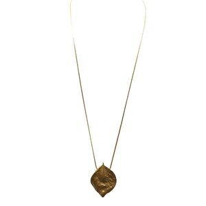 Gold Tone Crown Trifari Leaf Pendant Necklace With Textured Design On Long Chain